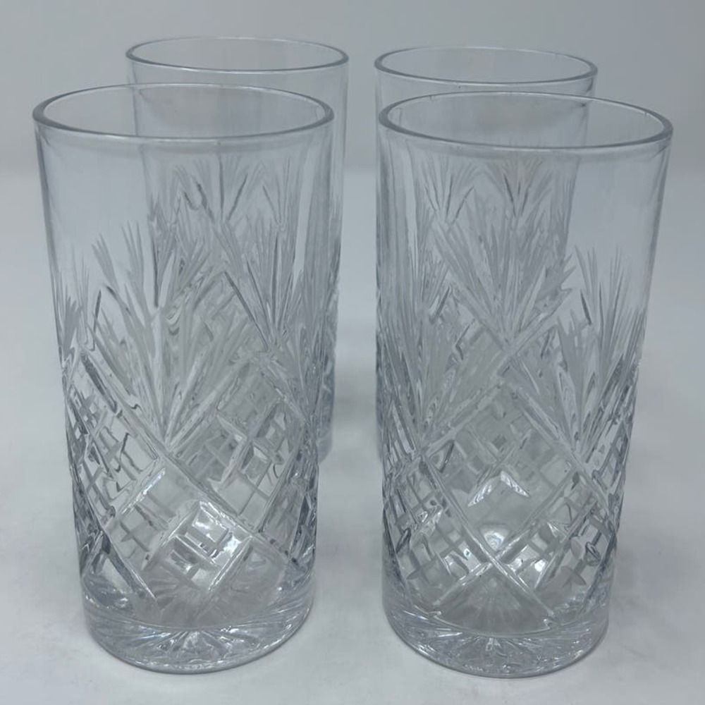 Crystal and Frosted Set of Four Heavy Highball Glasses 5" Tall x 2 1/2" Wide
